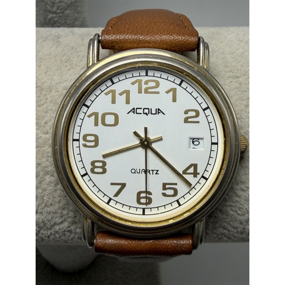 Acqua Timex 1994‎ Watch New Battery Vintage 34MM 7.25" Leather Band Easy Reader